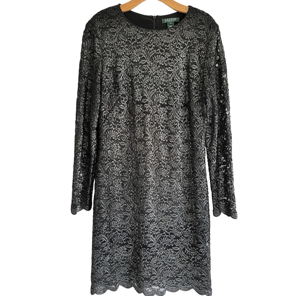 Lauren Ralph Lauren LRL Cocktail Dress 16 Scalloped Metallic Lace Black Evening - Picture 1 of 8